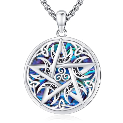 LOOVE Sterling Silver Pentagram Necklace for Women Celtic Pentagram Necklace for Men Moon Pentacle Necklace Abalone Shell Wiccan Protection Jewelry