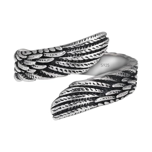 Rogivora 925 Sterling Silver Feather Angel Wing Ring for Men, Adjustable Open Band, Vintage Antique Style Jewelry, Size 9-11