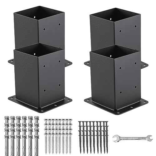 AXWHYS 4x4 Post Base 4 Pcs, (Inner Size 3.6x3.6) Post Anchors, 13GA Thick Solid Steel & Black Powder Coated,Deck Post Brackets Support Deck Base Plate Pergola Brackets Fence Kit Mailbox Mount