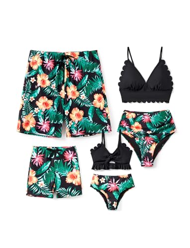 PATPAT Family Matching Swimsuit Couple Mommy and Me Bathing Suits Black Bikini Top and Tropical Plant Print Brief Tankini Two-Piece Swimwear for Women S