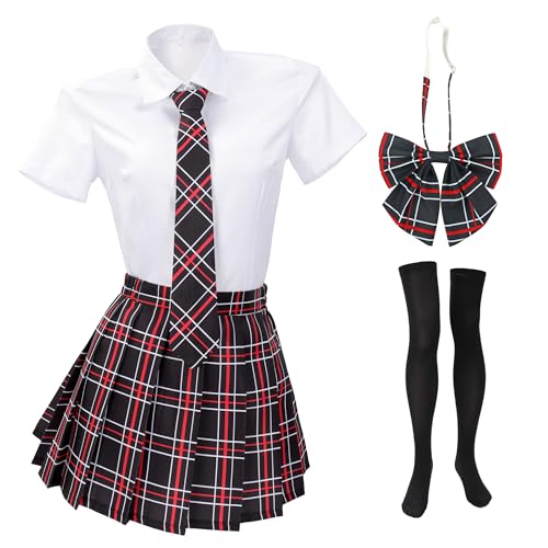 PROCOS US Size Schoolgirl Costume Women Japanese Uniform Outfit with Plaid Bow Tie 5 PCS Red Black