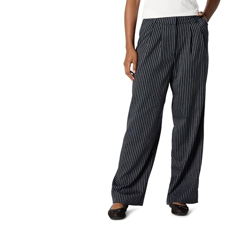The Drop Women’s Nancy Pleat Front Wide Leg Trouser, Navy Pinstripe, M
