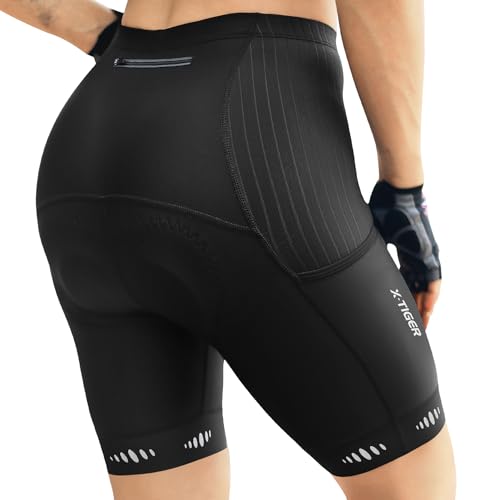 X-TIGER Padded Bike Shorts for Women 5D Gel Padding with Zipper Pockets Cycling Shorts Womens Bicycle Road Biking Biker Short Black