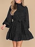 Ferlema Women's 2023 Long Puff Sleeve Smocked High Neck Tie Waist Floral Lace A Line Flowy Party Mini Dress Black Medium