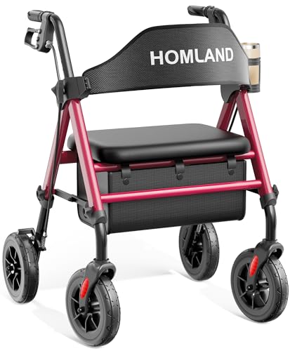 HOMLAND Walkers for Seniors with Seat, Foldable Rollator Walker, Reinforced Aluminum Frame, 8" Big Rubber Wheels for All Terrain, Height Adjustable Lightweight Rolling Walker