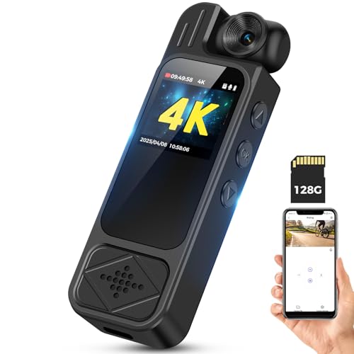 rgjzkgn 4K Body Camera with Audio and Video Recording: Body Cam, WiFi Support, Night Vision, 180° Rotating Lens, 7Hr Battery Bodycam, Wearable Pocket Camera for Outdoor Sport Bike Travel (128GB)