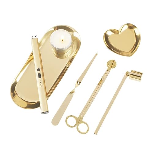 6 in 1 Candle Wick Trimmer Cutter,Candle Lighter Rechargeable, Candle Snuffer Extinguisher, Candle Wick Dipper, Candle Care Kit，Candle Accessory Set with Storage Tray Plate for Candle Lover (Gold-02)