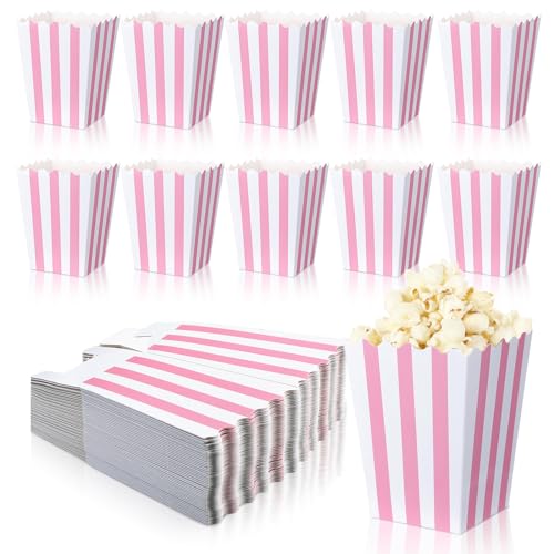 Geyoga 48 Pcs Pastel Pink Popcorn Boxes Small Large Pink and White Striped Paper Popcorn Bags Candy Containers for Birthday Party Favor Supplies(4 x 3 Inches, Small)