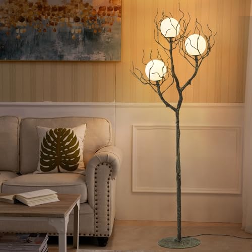 eccuslon Unique Floor Lamp for Living Room - Tree Trunk Design with 3 Moon Lights, Wood Grain Resin & Metal Base for Farmhouse, Bedroom and Office(63 Inch)