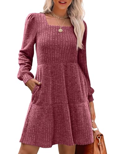 SAMPEEL Long Sleeve Dresses for Women Babydoll Knee Length Dress Teen Girl Hot Pink S