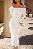 MEROKEETY Women's Winter Off Shoulder Bodycon Sweater Dress Formal Long Sleeve Elegant Cocktail Party Midi Maxi Dresses, White, Medium