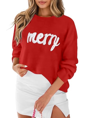 MARZXIN Women 2025 Casual Holiday Sweaters Long Sleeve Round Neck Valentine Sweater Tops Merry Christmas Sweaters Red Merry M