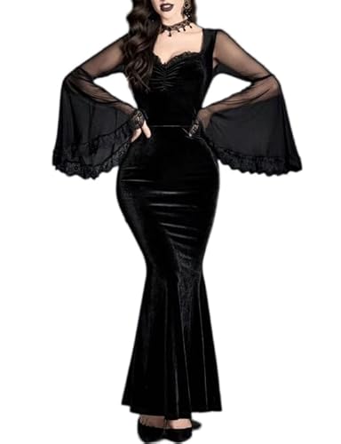 LANSHULAN Gothic Contrast Mesh Flounce Sleeve Velvet Mermaid Hem Dress Clothes