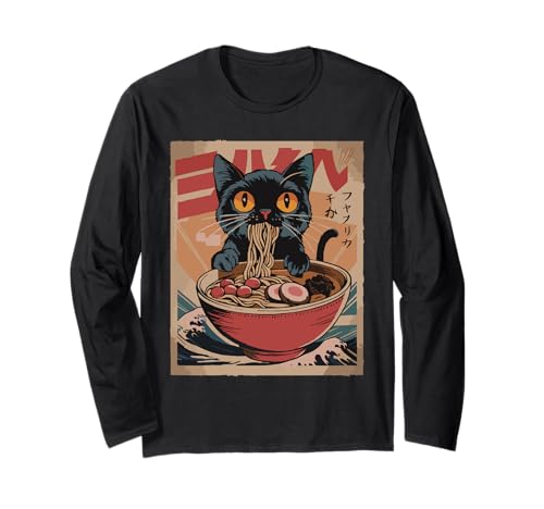 Cat Ramen Japanese Funny Graphic Tees Kawaii Cat Anime Long Sleeve T-Shirt