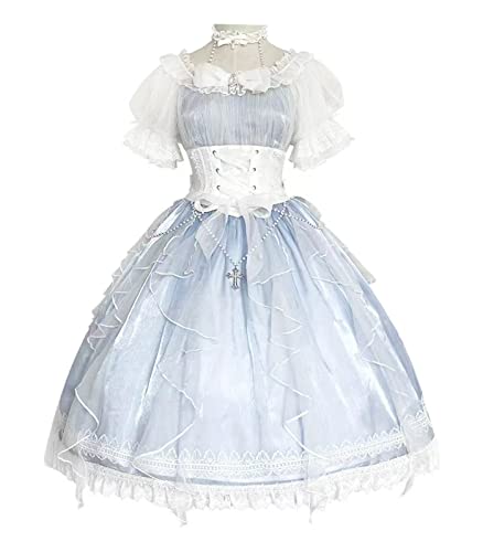 Elegant Fairy Princess Lolita Dress Puff Sleeve Chiffon Sparkle Corset Dress for Women Girls Cosplay Costume White & Light Blue L