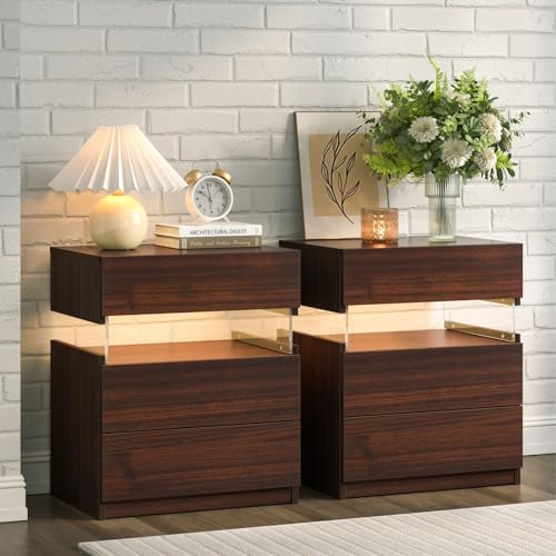 i-aplus Night Stand Set 2 LED Nightstands for Bedroom Set of 2 Modern Bedside Table with 3 Drawers End Side Table