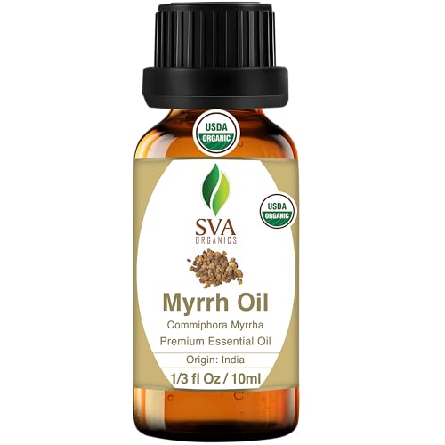 SVA Myrrh Essential Oil Organic – 1/3 Fl Oz – 100% Natural Organic Myrrh Oil - for Diffuser, Hair Care, Face, Skin Care, Aromatherapy, Scalp and Body Massage, Soap and Candle Making
