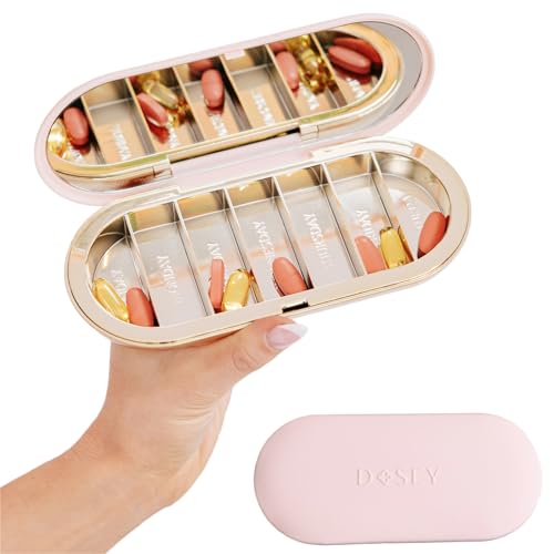 Dosey 7 Day Pill Compact Travel Pill Organizer - Pill Case with 7 Pill Compartments for Medicine Storage & Protection – Stylish & Elegant Medication Organizer with Mirror, Blush
