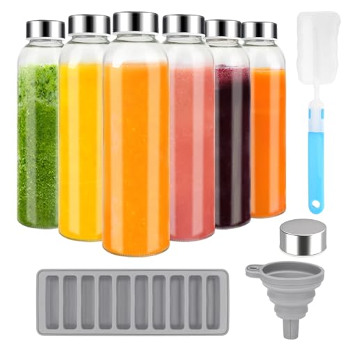 Zukro Glass Juice Bottles with Lids for Juicing 18 oz, Reusable Clear Glass Water Bottles with Stainless Steel Airtight Cap for Refrigerator, 100% Leak Proof, BPA Free, Set of 6