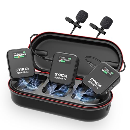 SYNCO Wireless Microphone System with Charging Case, G2A2 MEGA Dual Transmitter 8GB Storage of 24H 656ft Video Recording Streaming for Camera/Phone/PC/Laptop, Wireless-Lav-Mic-for-Camera