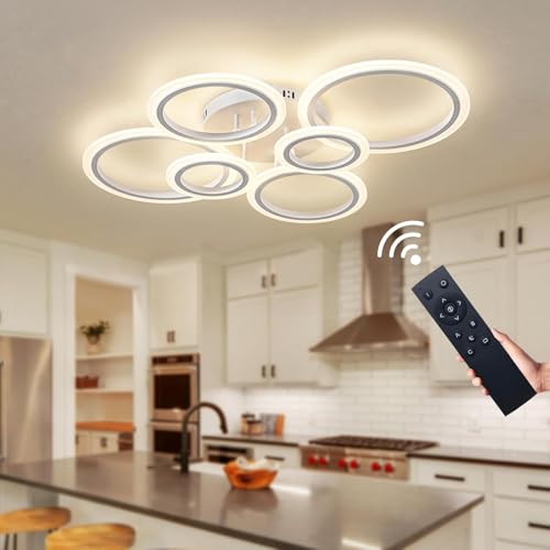 Shine LUEST 60W Modern LED Ceiling Light Fixture, Dimmable LED Chandelier Flush Mount Ceiling Lights Remote Control 6 Acrylic Ring Ceiling Lamp Fixture for Living Room Dining Room Bedroom, 7640LM