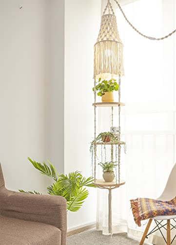 YKBU Macrame Plant Hanger Shelf Hanging Rope Shelf Indoor with Boho Lamp Shade 3 Tier Floating Round Shelves Decorative Shelf Flower Pot Holder Planter Display Rack Boho Home Decor-1 Set