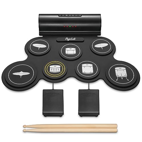 POGOLAB Electronic Drum Set, 7 Pads Roll Up Electric Drum Pad with Wireless Function, Portable Rechargeable Midi Drum Kit with Built-in Speaker/Pedals/Headphone Jack, Great Holiday Gift for Beginner