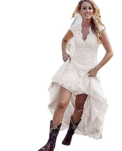 Women's High Low Country Wedding Dress for Bride V Neck Lace Bridal Gowns Ivory