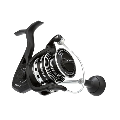 PENN Pursuit IV Inshore Spinning Fishing Reel, Size 4000, HT-100 Front Drag, Max of 15lb, 5 Sealed Stainless Steel Ball Bearing System, Built with Carbon Fiber Drag Washers,Black/Silver