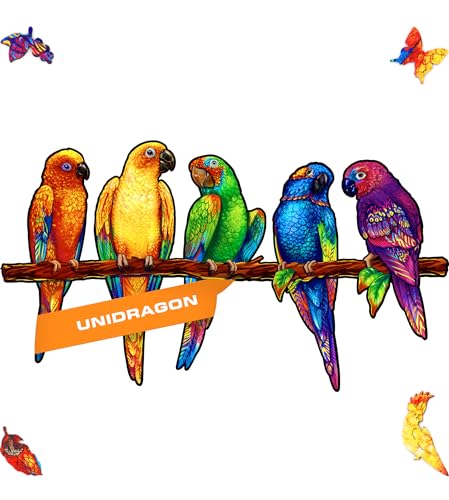 UNIDRAGON Original Wooden Jigsaw Puzzles - Playful Parrots, 620 pcs, Royal Size 28.4"x15.9", Beautiful Gift Package, Unique Shape Best Gift for Adults and Kids