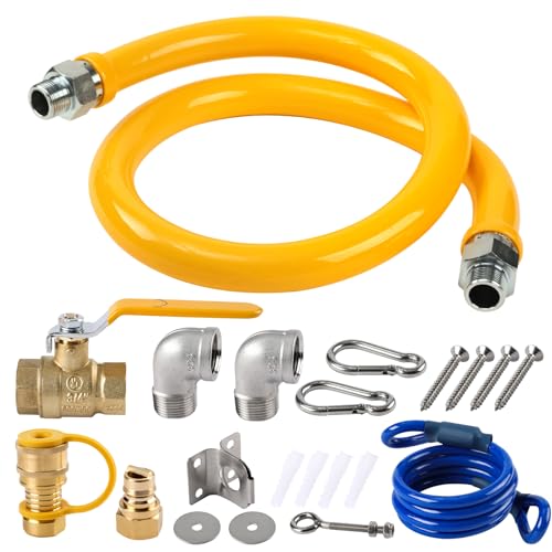 1675kit48 Gas Line Hose for Commercial Kitchen, 3/4" Gas Flex Line, 48" Mobile Gas Hose Connector Kit with 2 Elbows, Yellow