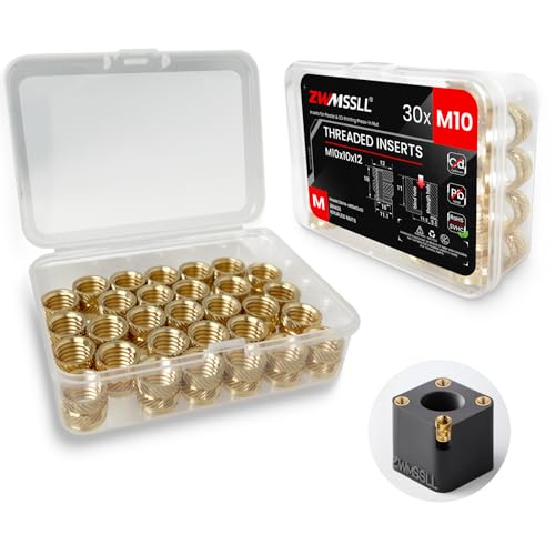 ZWMSSLL M10 Threaded Inserts-30 Pieces M10x10x12 Heat-Set Insert Brass Knurled Nuts Big Size for 3D Printing Components and Plastic Parts