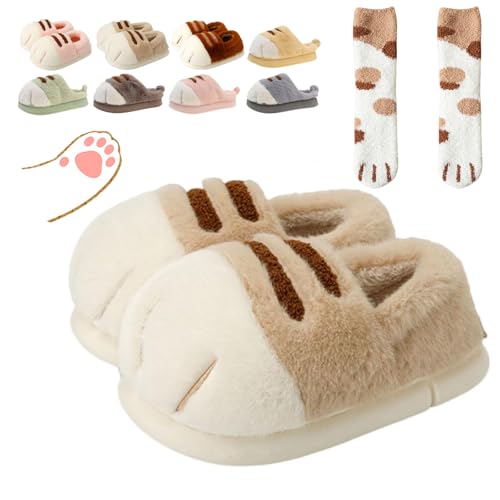 VFUX Cute Cat Paw Slippers for Women, 3D Fluffy Cat Paw Slipper, Cozy Furry Warm Winter Kitty Paw Shoes for House Indoor Outdoor(Light Khaki-B, 11-11.5 Women/9-9.5 Men)