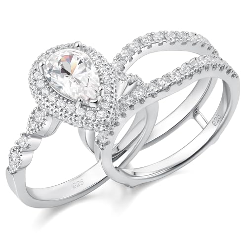 Newshe Wedding Bridal Band Ring Enhancer Engagement Ring Set for Women 925 Sterling Silver 3Ct Pear White Rose Gold 5A Cz Size 4-13 (White, 7)