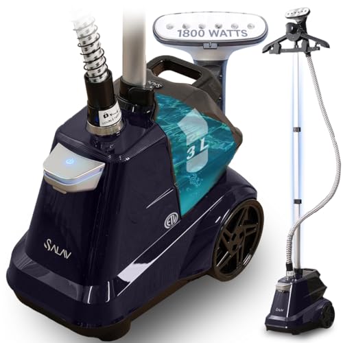 SALAV Heavy Duty Commercial Full-Size Garment Steamer with Foot Pedals and Extra Large 3L (101.5 oz) Water Tank, 1800 watts of Poweful Steam (Navy)