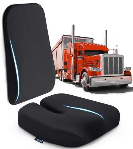 Elmara Truck Seat Cushion for Back Pain – Truck Driver Seat Cushion & Back Support – Trucker Gifts – Semi Truck Accessories for Men & Women – 2-Piece Set (Black)