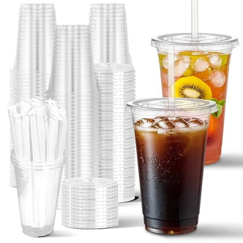 Charmount 100 Sets- 20 oz Clear Plastic Cups with Lids and Straws, Disposable To Go Cups for Cold Drinks, Iced Coffee, Milkshakes, Smoothies