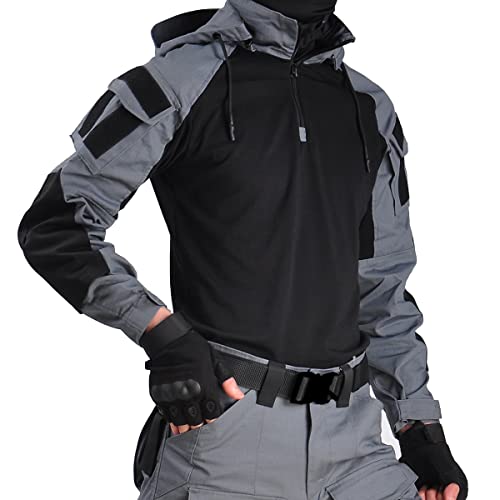 HAN·WILD Men's Tactical Shirt Combat Airsoft Long Sleeve Shirts with Elbow Pads Camo Military T-Shirt with Hood