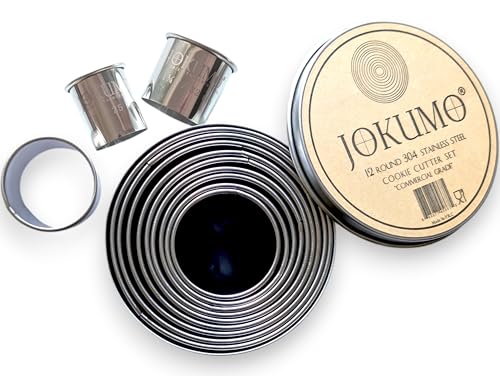 JOKUMO 12 Piece Plain Round Pastry/Cookie Cutter Set Heavy Duty Commercial Grade 18/8 304 Stainless Steel - Metal Marked Size – Perfect For Cooking Enthusiast