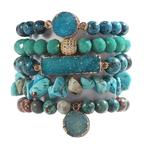 Yomisa 5PCS Natural Boho Beaded Bracelets for Women Men,Healing Turquoise Jasper Agate Crystal Gemstone Stone Diamond Chakra Multilayer Wrap Bohemian Handmade Jewelry Beads Stretch Bracelet Set