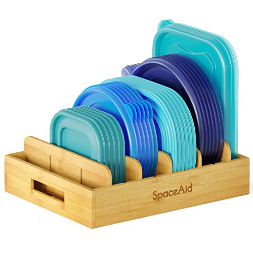 SpaceAid Bamboo Lid Organizer, Kitchen Pantry Lids Holder with 5 Adjustable Dividers for Cabinets, Food Storage Container Organizers, Natural