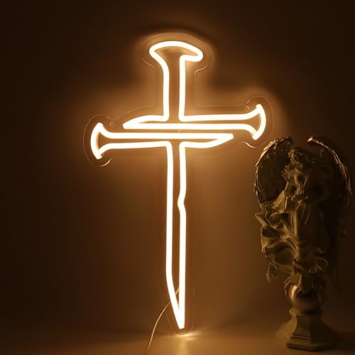 Three Nails Led Cross Neon Sign for Wall Decor,Nails Jesus Light Up Cross Neon Lights for Home Decoration Room Decor, Christian Religious Events Easter Gifts for Church Room Bedroom Believers