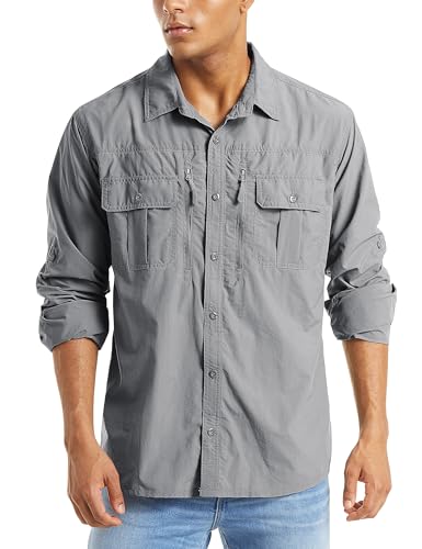 MAGCOMSEN Safari Shirts Men Cargo Fishing Shirt for Men Long Sleeve Shirt Button Down Camping Hiking Shirts Grey L