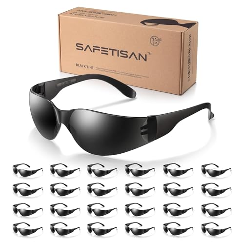 SAFETISAN Tinted Safety Glasses Bulk, 24 Pack, Protective Shaded Safety Goggles, UV Protection Sunglasses, Scratch & Impact Resistant Dark Smoke Lense | Perfect for Construction, Shooting, Lab Work