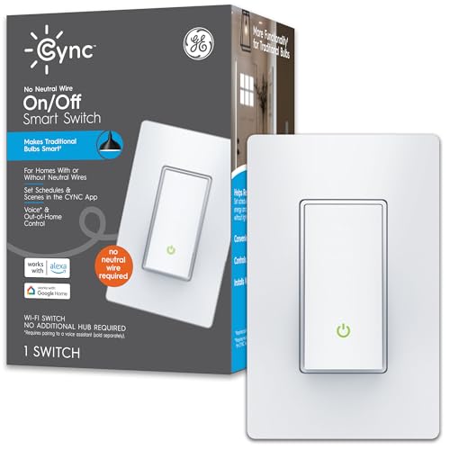 Cync GE Smart Light Switch, Paddle Style, No Neutral Wire Required, Bluetooth and 2.4 GHz WiFi 3-Wire Switch, Works with Amazon Alexa and Google Home, White (1 Pack)