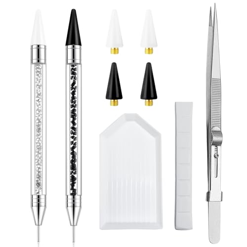 LIGHT RAIN Rhinestone Picker Tool - 2 Pcs Dual-head Pen with 4 Wax Tip, and Precision Jewelry Tweezers Kit for Pick Up Nail Art Gems, Stone, Crystals and Nail Charms