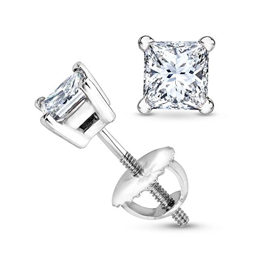 Houston Diamond District - 1/2 0.5 Carat Princess Cut Stud Earrings Earth-mined 14K White Gold (I-J I1-I2)