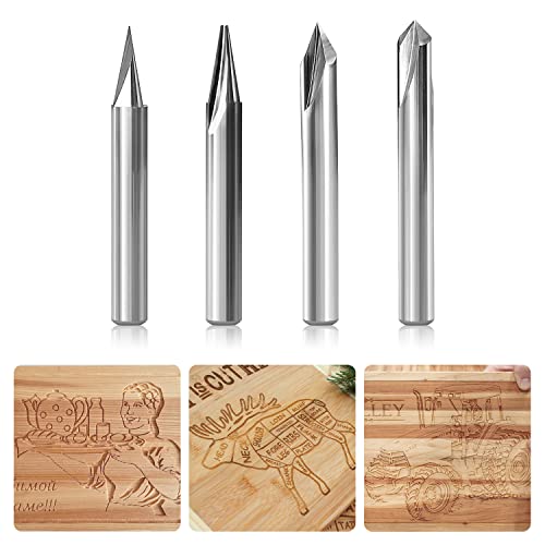 Engraving CNC Wood Carving Router Bit 1/4 Shank 15°/20°/60°/90° Engraving Bits, 2 Flutes Straight CNC V-bit Tungsten Steel Marking Conical Engraving Router Tool