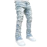 Giraropa Mens Black Stacked Jeans Slim Fit Skinny Ripped Jeans Destroyed Straight Denim Pants Harajuku Hip Hop Trousers Streetwear (Light Blue, S)