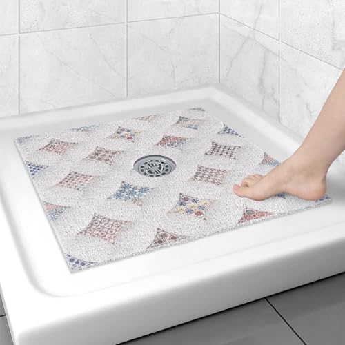 Square Shower Mat Non Slip: 31x31 Inch Extra Large Shower Floor Mat with Drain Hole in Middle - Soft PVC Loofah Bath Mat for Shower - Anti Slip Shower Stall Mat for Elderly and Kids